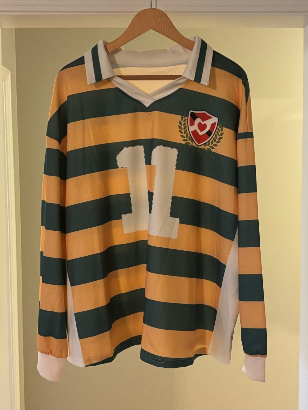 Women’s Oversized Green and Yellow Striped Rugby Jersey with Crest